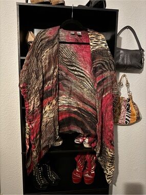 Chico's Open-Front Poncho Cardigan in Red and Brown Animal Print